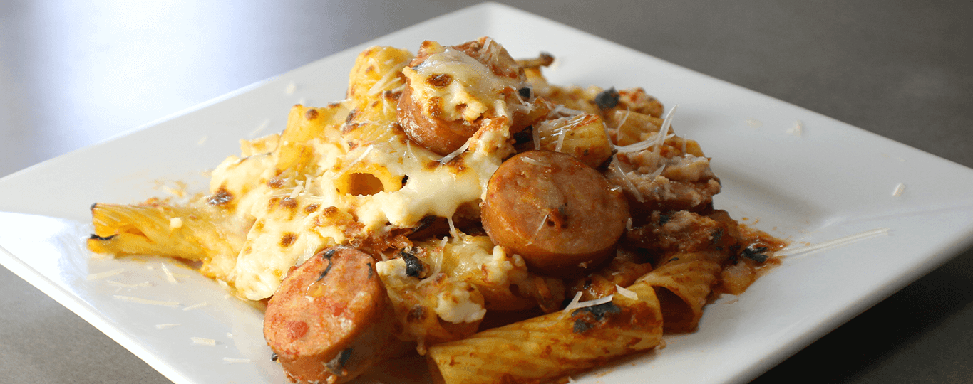 bar-s baked rigatoni with spinach and sausage